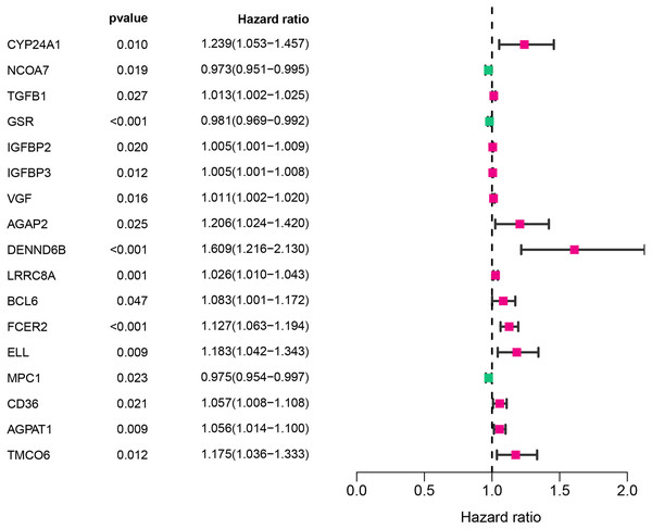 Assessment of vitamin D-related genes in predicting prognosis of CRC exhibited by forest plot.