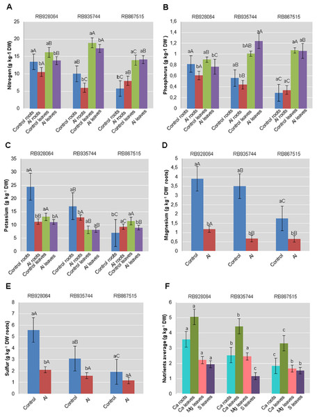 Roots and leaves mean content of primary and secondary macronutrients in sugarcane cultivars cultivated in Dystrophic Typic Hapludox at different levels of Al stress.