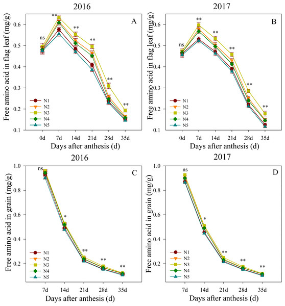 (A–D) Effects of different treatments on free amino acid in flag leaf and grain after anthesis.
