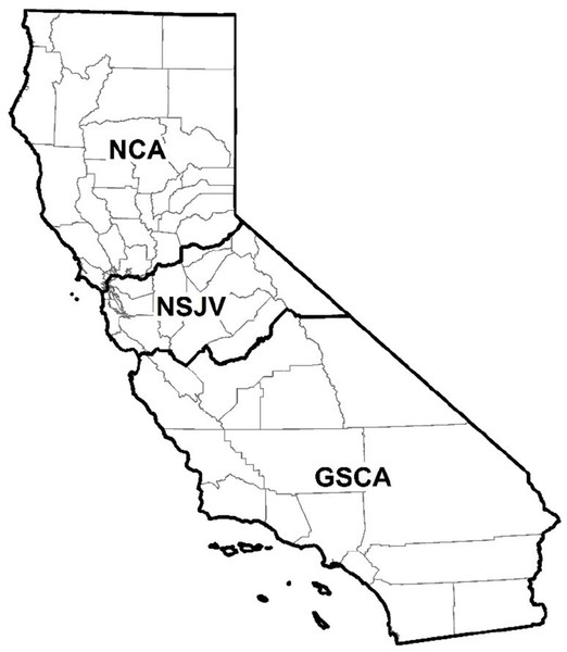 Map of counties in northern California (NCA), northern San Joaquin Valley (NSJV), and greater southern California (GSCA) regions for comparison of antimicrobial drug use and stewardship practices.