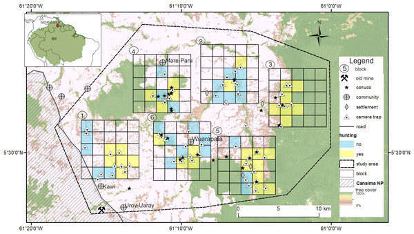 Study area in the Gran Sabana, Venezuela showing location of the six blocks surveyed with camera traps and the location of conuco.