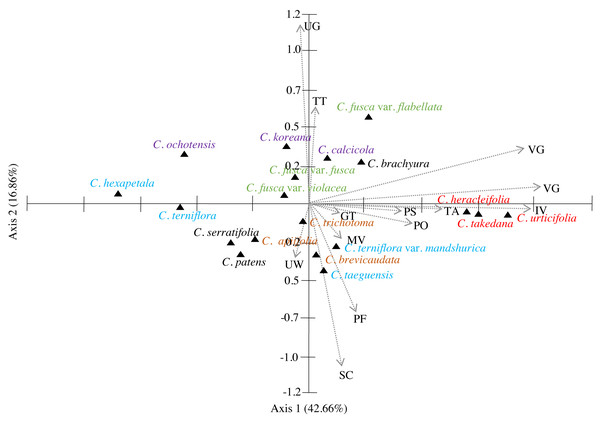 Principal component analysis (PCA) of 13 petiole characters of Clematis taxa.
