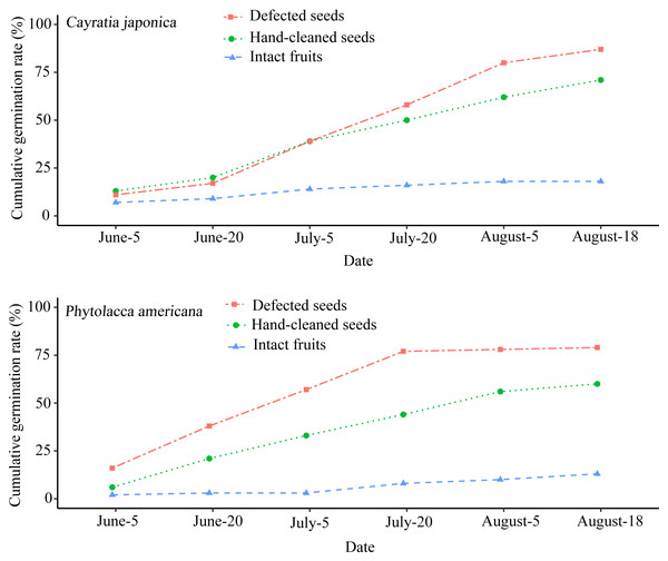 Cumulative seed germination rates of the two plant species in three different groups.