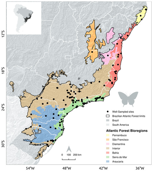 Location of sites with well-sampled fruit-feeding butterfly inventories in the Brazilian Atlantic Forest.