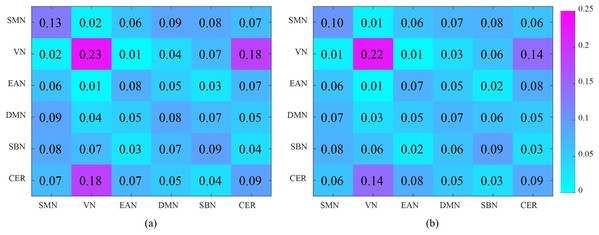 Analysis of the interaction between the six functional networks. (A) and (B) show the interaction matrix between different brain networks of NC and ASD, respectively.
