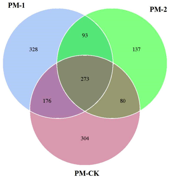 Venn diagram showing the number of shared OTUs between different soil samples of peach-Morchella intercropping.