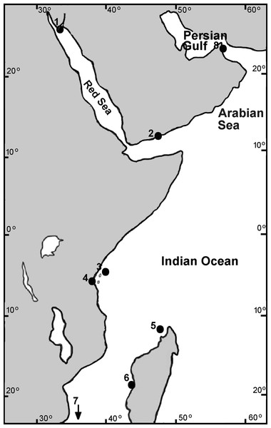Collection sites of Chthamalus in the West Indian Ocean.