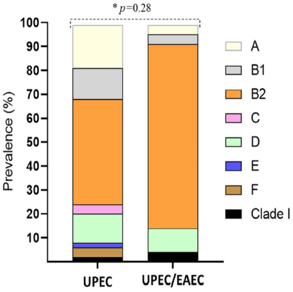 Distribution of phylogenetic groups of UPEC and UPEC/EAEC isolates.