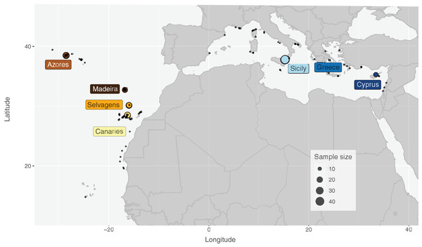 Distribution map and sampling locations for Scorpaena maderensis.