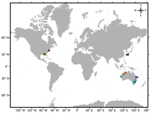 Map showing the worldwide distribution of known genera/species of males lacking pleopods within Vaunthompsoniinae.