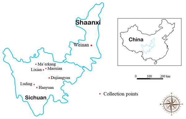 Map of collection area of forest musk deer fecal samples in Sichuan and Shaanxi provinces, China.