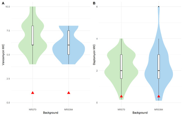 Antibiotic MIC distributions of NRS70 and NRS384 evolved strains.