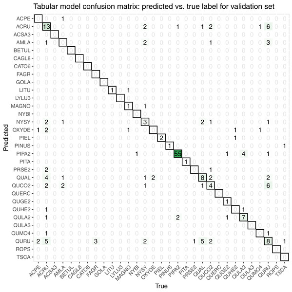 This confusion matrix compares the true and predicted taxon class labels using our tabular classification model.