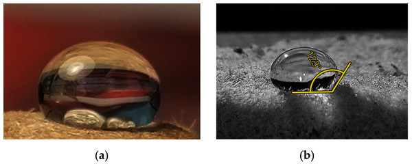 Water droplet on a sample of aerogel: aerogel photo with water droplet on the top (A), close look to water droplet for contact angle with aerogel (B).