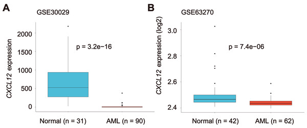 CXCL12 expression in normal hematopoiesis and AML cells.