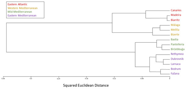 Chthamalus stellatus populations SNP population method tree with squared Euclidean distance and furthest neighbor clustering.