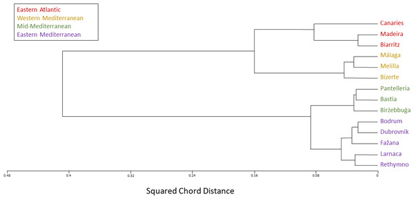 Chthamalus stellatus populations SNP population method tree with squared chord distance and furthest neighbor clustering.
