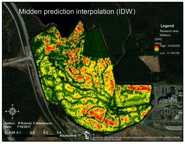 Predictive map of the predicted relative index of occurrence of squirrel middens within the research area.