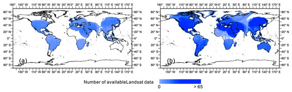 Available Landsat observations in single year and 5-year period.