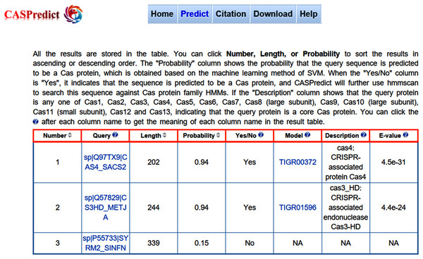 The result page returned from CASPredict.