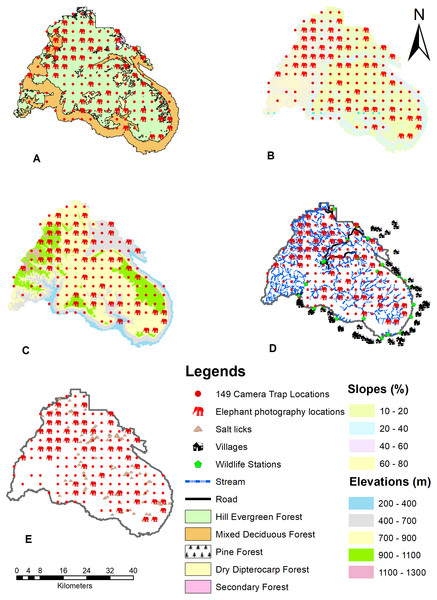 Environmental factors used to create the distribution model of wild Asian elephants with median grids in the Phu Khieo Wildlife Sanctuary, Thailand.