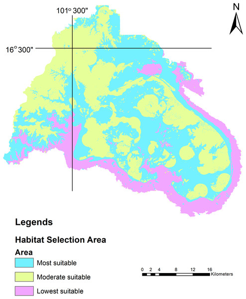 Distribution model of wild Asian elephants with median grids in the Phu Khieo Wildlife Sanctuary, Thailand.