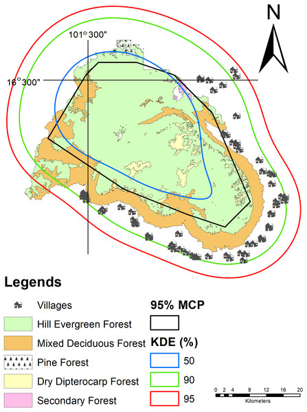 Wild Asian elephant populations’. habitat use in the Phu Khieo Wildlife Sanctuary between 2016 and 2019. Habitat use was determined with the MCP and KDE.