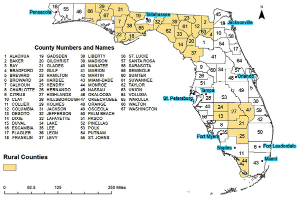 Geographic distribution of major cities, rural and urban counties of Florida.