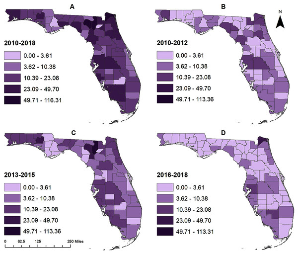 County-level geographic distribution of pertussis risk in Florida, 2010–2018.