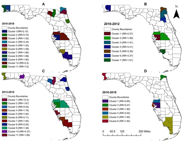 Geographic distribution of high-risk clusters of pertussis in Florida, 2010–2018.