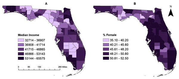 (A–B) County-level geographic distribution of significant predictors of pertussis risk in Florida, 2010–2018.