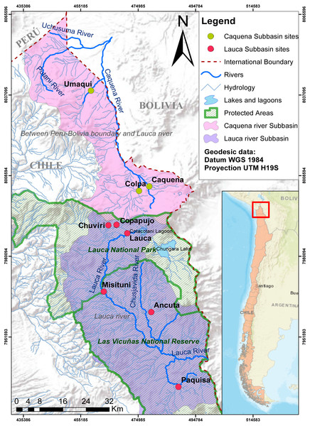 Map of localities of Caquena and Lauca sub-basins.