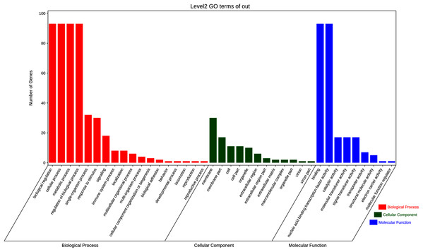 GO (Gene Ontology) categories of the target genes for 93 DgWRKYs.