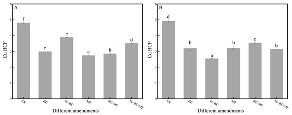 Effects of different amendments on BCF of Cu (A) and Cd (B).