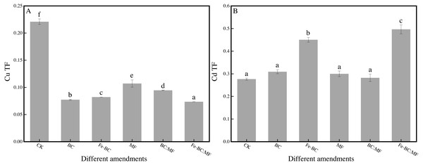 Effects of different amendments on transportation factor for Cu (A) and Cd (B).