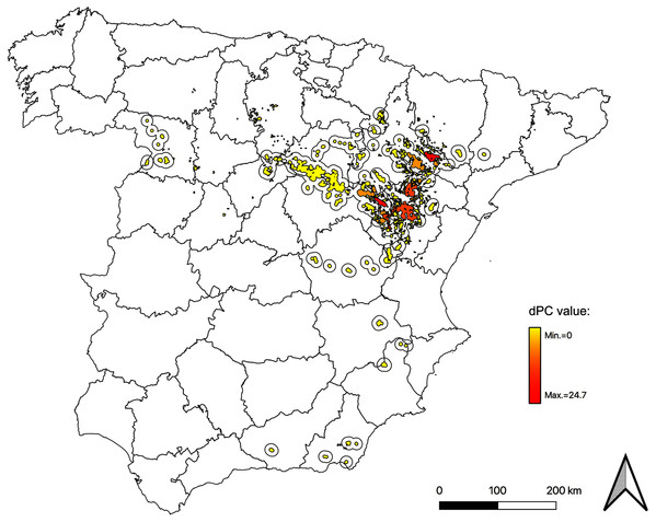 Map of node importances in the Iberian metapopulation of Dupont’s lark.