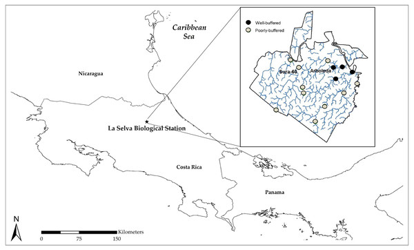 Map of Costa Rica showing the location of La Selva Biological Station (1,536 ha) on Costa Rica’s Caribbean slope; inset shows La Selva stream sites from which longterm pH data have been collected.