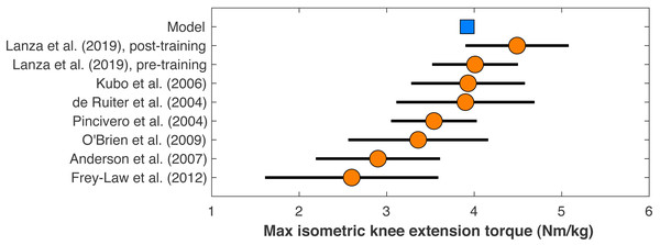 Maximum isometric knee extension torque of the model.
