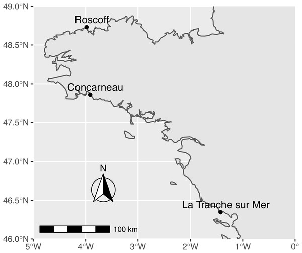 Map of sampling sites along the French Atlantic coast (Roscoff and Concarneau in Brittany, and La Tranche sur Mer in Vendée).