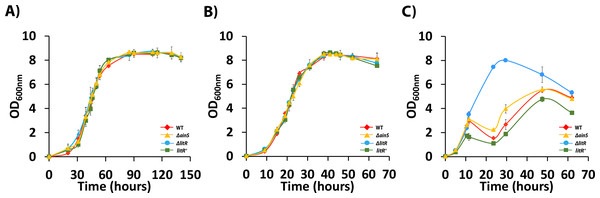 Growth curves of wild type A. wodanis 06/09/139, and the isogenic mutants ΔainS, ΔlitR and litR+.