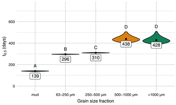 Predicted half-life of Mater-Bi HF03V film (25 µm) on different grain size fractions of the same sediment and mud.