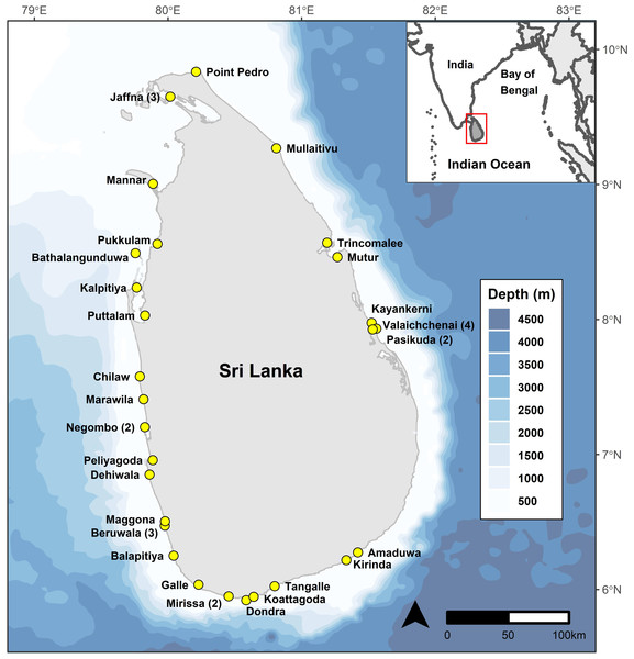 Bathymetric (Amante & Eakins, 2009) map of Sri Lanka showing the continental shelf extent around the country, and locations of the 38 study sites.