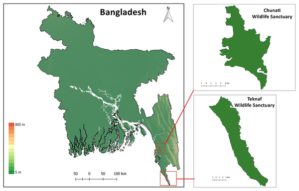 Map of Bangladesh with insets of study areas Chunati Wildlife Sanctuary and Teknaf Wildlife Sanctuary.