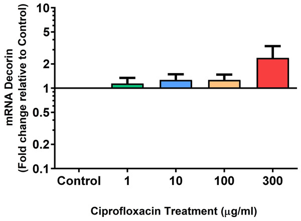 mRNA expression of decorin in equine derived tendon explant cultures after 96 h treatment with 1, 10, 100 & 300 µg/mL CPX.