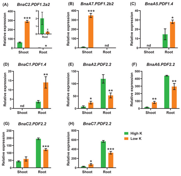 The qRT-PCR-assisted transcriptional characterization of the plant defensins (PDFs) in Brassica napus under different potassium (K) levels.