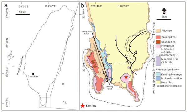 Location and geological map of the discovery site of the leopard fossils in Taiwan.