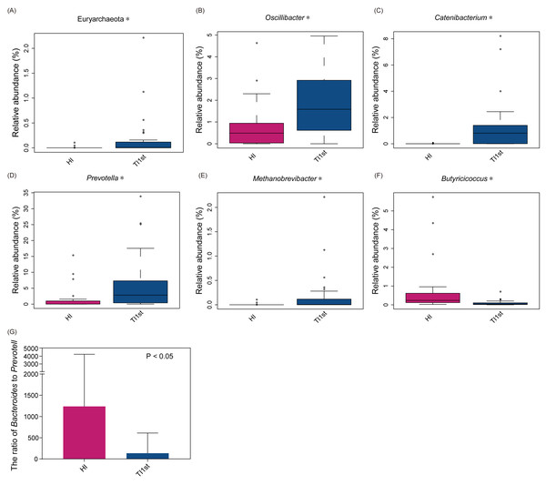 Comparison of bacterial abundance between Tibetan and Han women at the phylum level (A) and genus level (B–F).