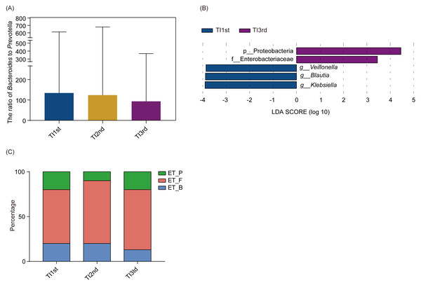 Comparison of the ratio of Bacteroides to Prevotella, biomarkers, and enterotypes among TI1st, TI2nd, and TI3rd groups.