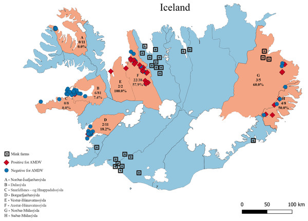 The eight sampling regions (light red) in Iceland.