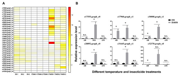 Heat map and expression levels of DEGs with high expression levels in the T14050 treatment.